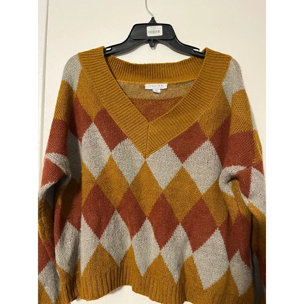 Favlux Women Argyle V-Neck Oversized Sweater Mustard Orange Grey FL19H800 L